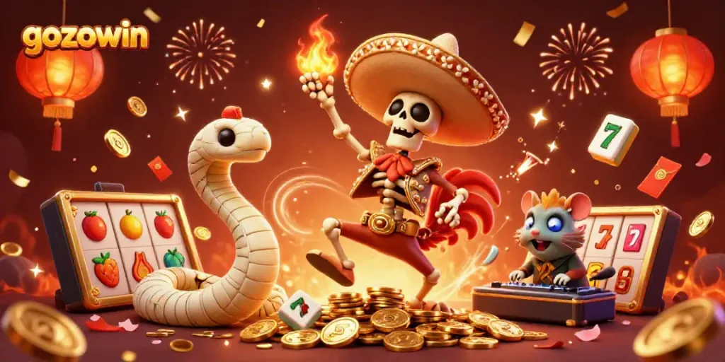 Celebrate at gozowin with an energetic carnival scene filled with casino symbols and vibrant characters.