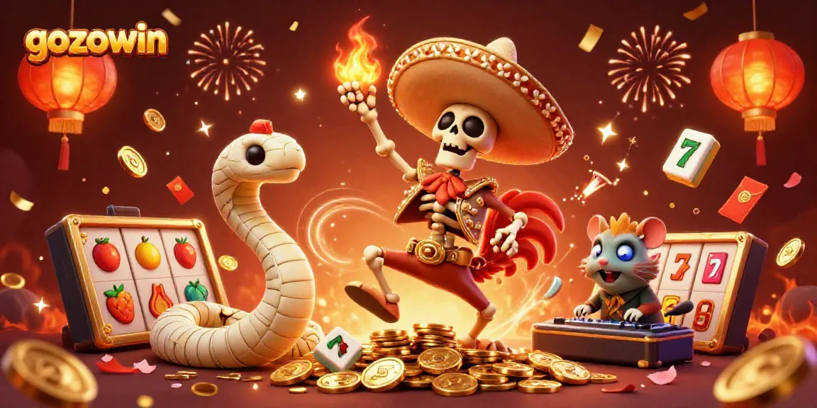 Celebrate at gozowin with an energetic carnival scene filled with casino symbols and vibrant characters.