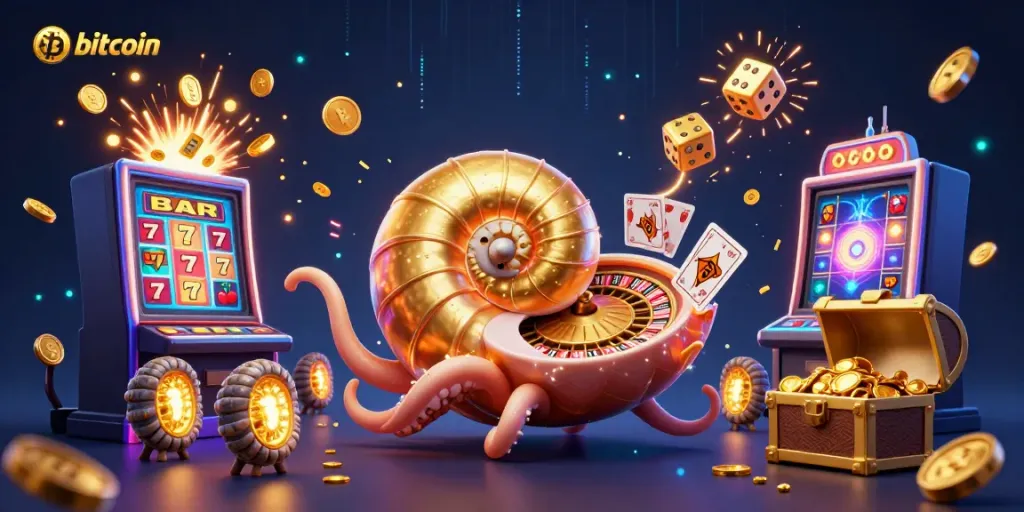 Experience the excitement of bitcoin casinos with a vibrant illustrated scene featuring card games and jackpots.