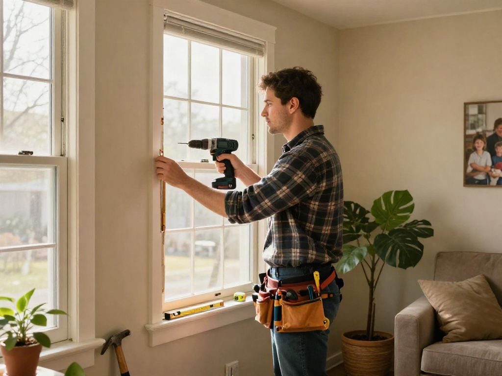 Home repair services Des Moines Iowa with handyman fixing a window frame using power tools.