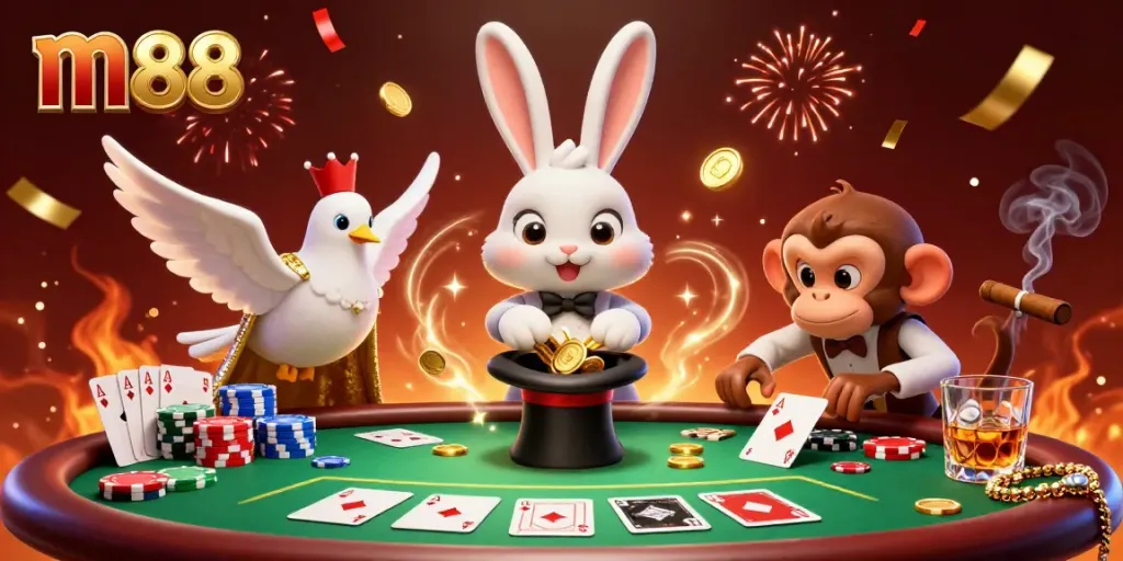Experience the excitement of m88 with a vibrant casino scene featuring a magician rabbit, a glamorous dove, and a playful monkey amidst poker chips and gold coins.