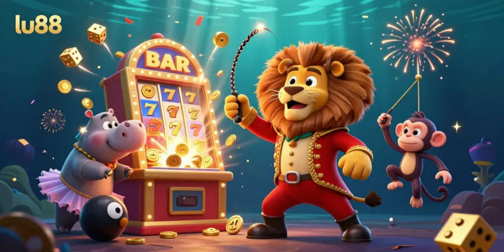 Experience the excitement at lu88 with a vibrant circus-themed casino scene featuring a lion, hippo, and monkey amidst slot machines and glistening coins.