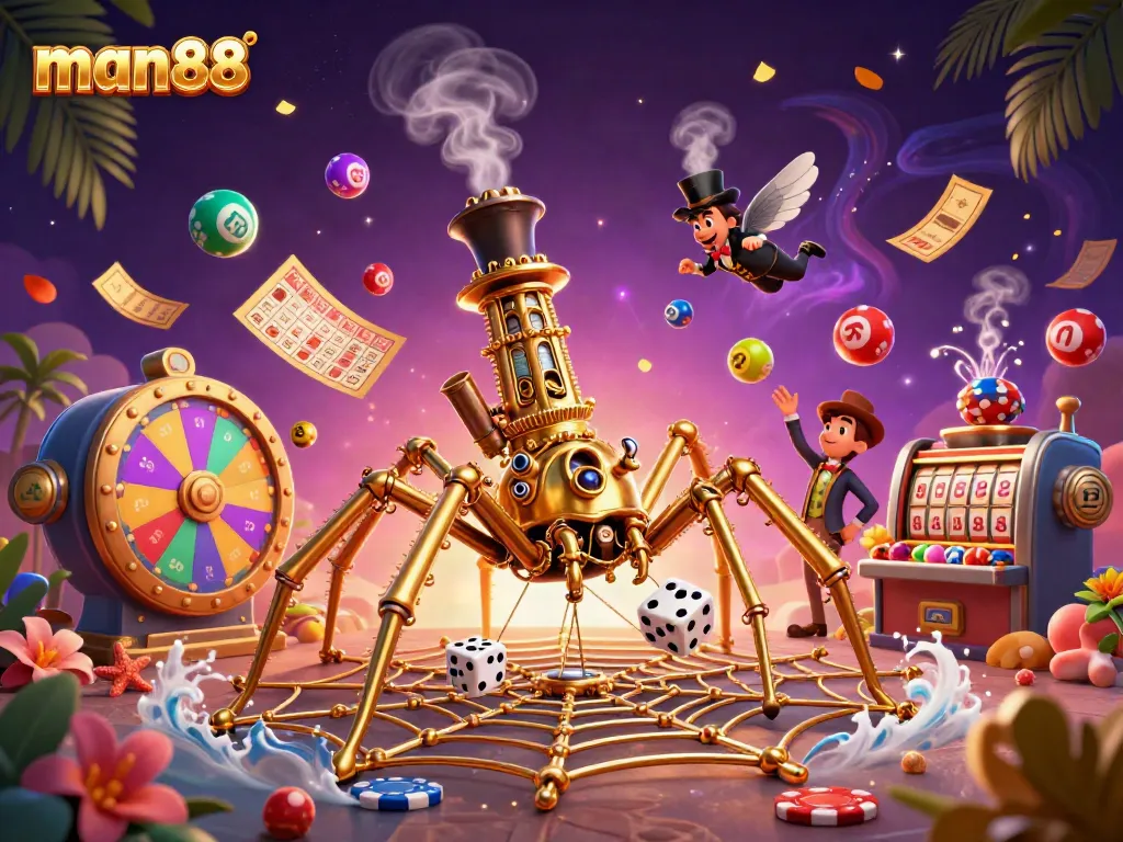 Experience the thrill of gambling at man88 with vibrant casino elements and engaging characters.