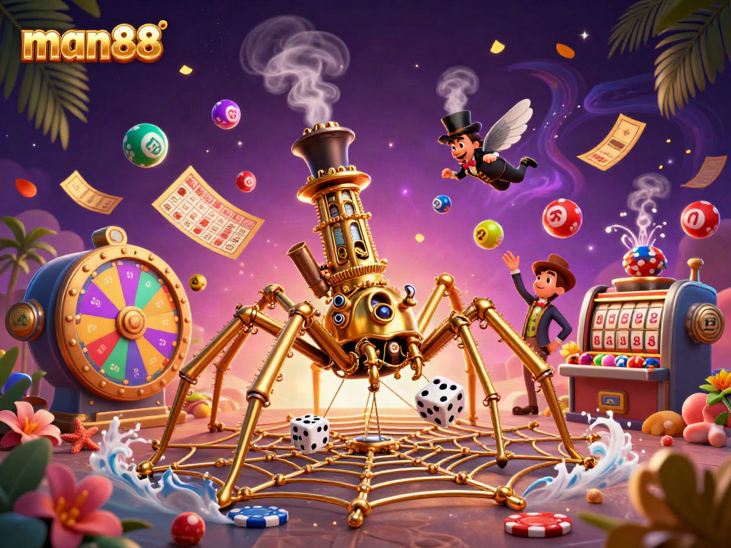 Experience the thrill of gambling at man88 with vibrant casino elements and engaging characters.