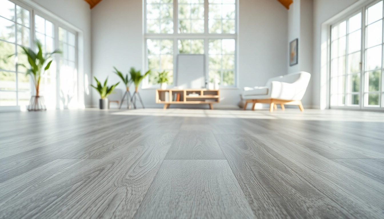 Showcase of lvp floor in a well-lit room emphasizing moonlight grey textures.