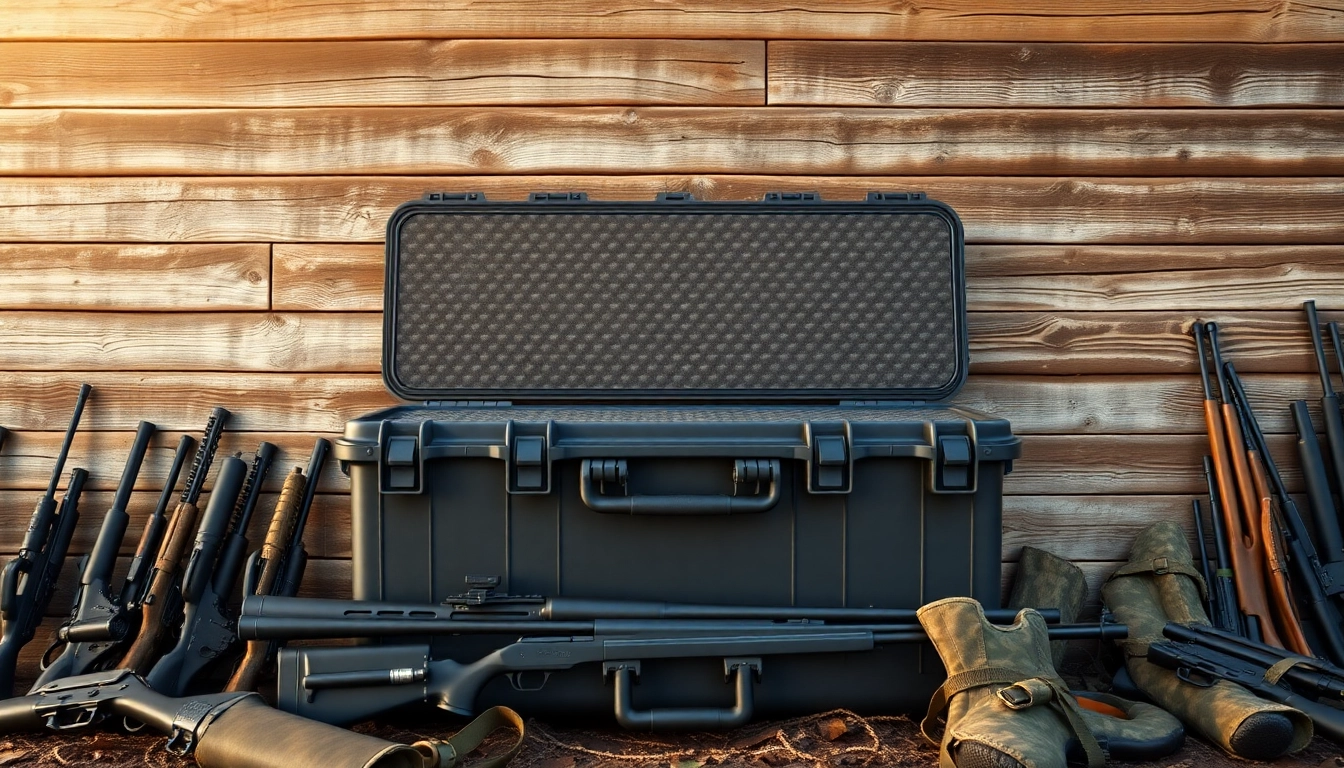 Showcasing pelican gun case for sale amidst hunting gear, highlighting robust features and quality.