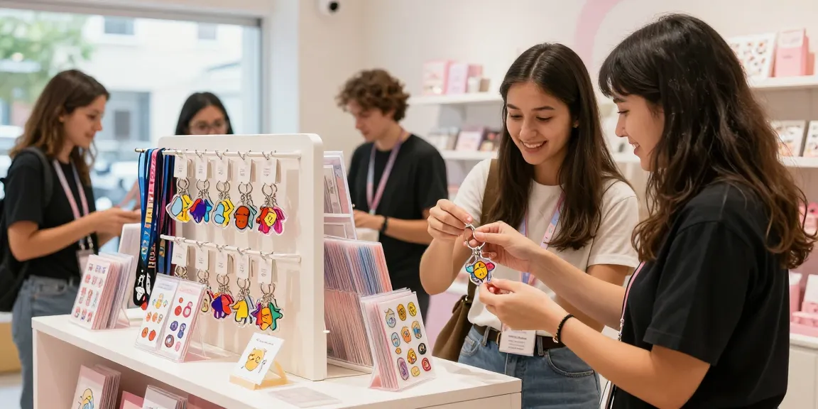 Custom acrylic keychain display in a vibrant retail setting, showcasing unique designs and engaging customer interaction.
