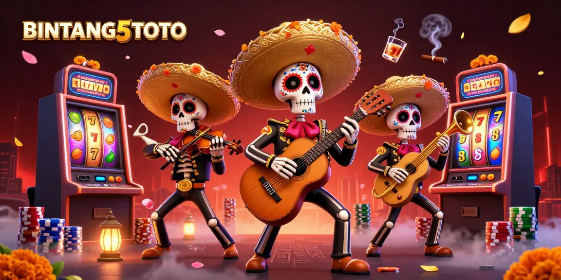 BINTANG5TOTO showcases a vibrant scene with 3D cartoon skeleton mariachi musicians amidst slot machines and poker elements.