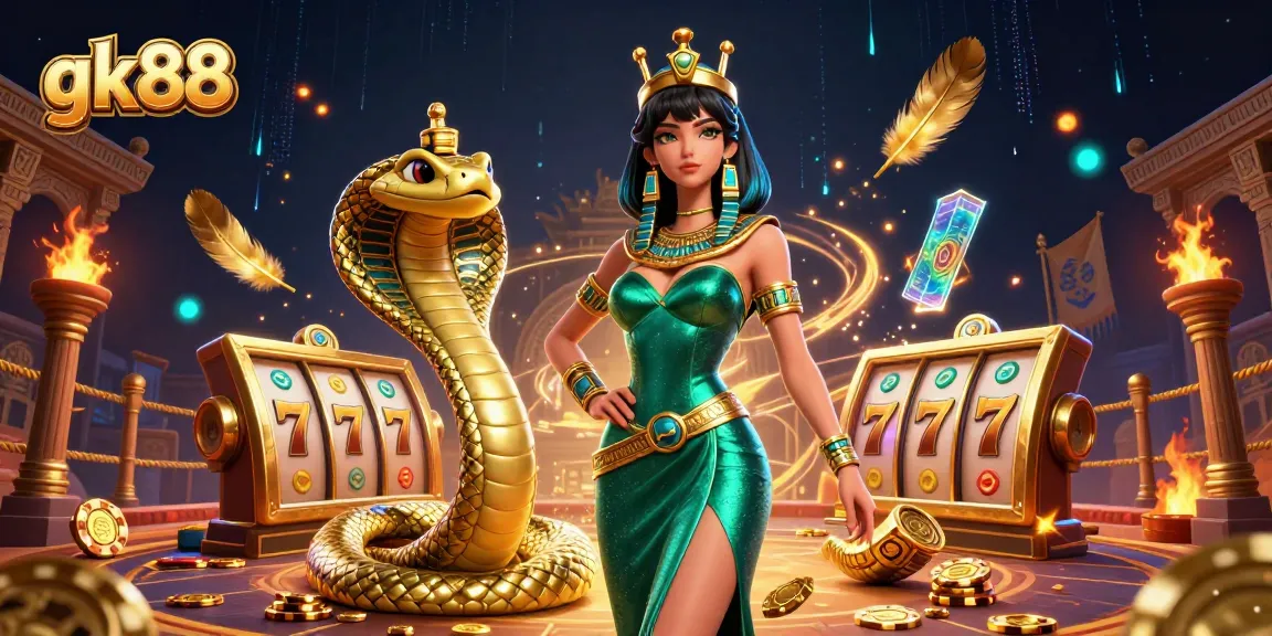 Engage in excitement with gk88 as a stunning casino scene showcases a captivating woman in an emerald gown alongside a golden cobra.