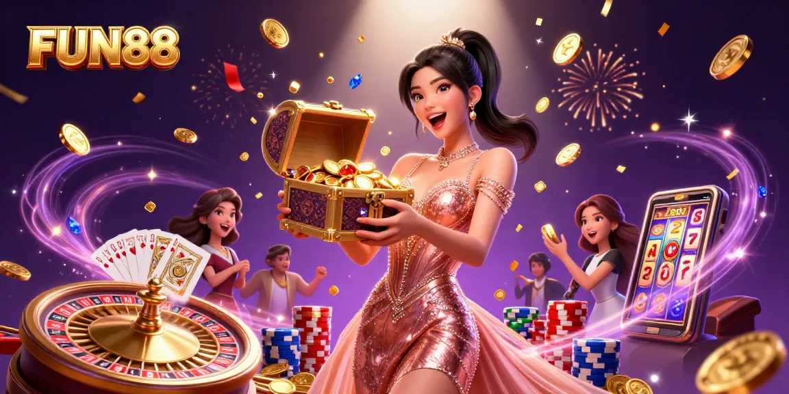 Experience excitement at FUN88 with a vibrant casino scene featuring joyful play and dynamic gaming elements.