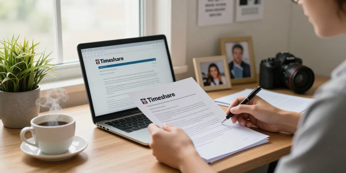 Cancel my timeshare process with a person reviewing cancellation documents in a cozy home office.