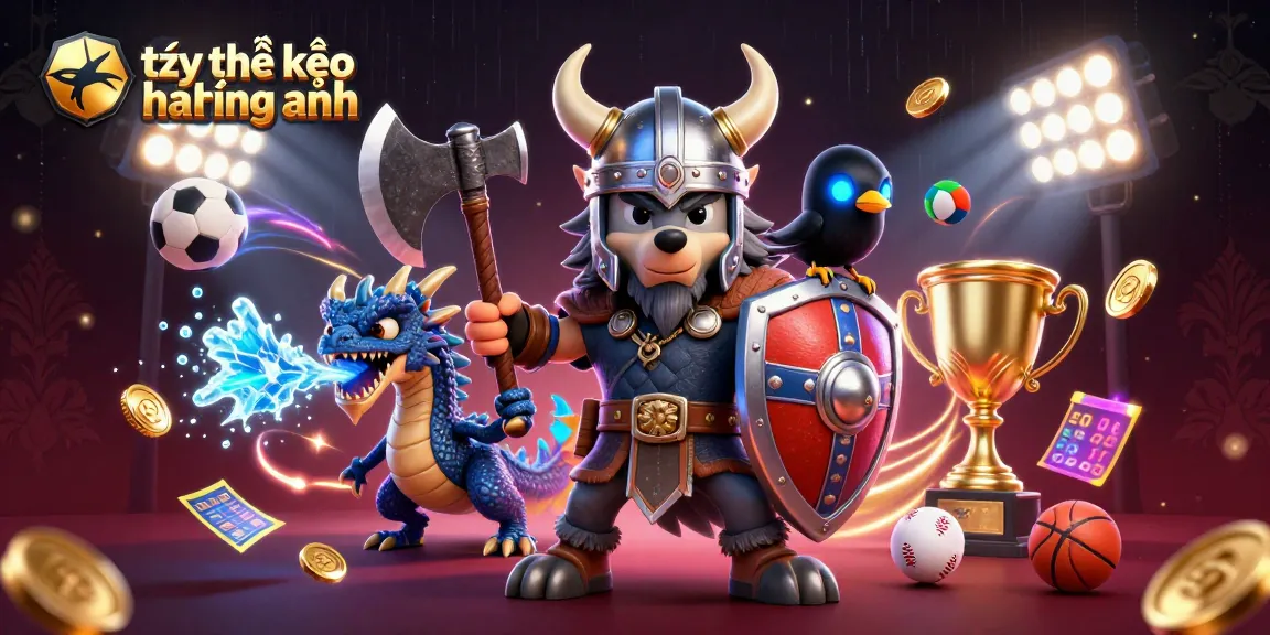 Engage with tỷ lệ kèo ngoại hạng anh through vivid 3D illustration of betting warriors and dynamic sports elements.