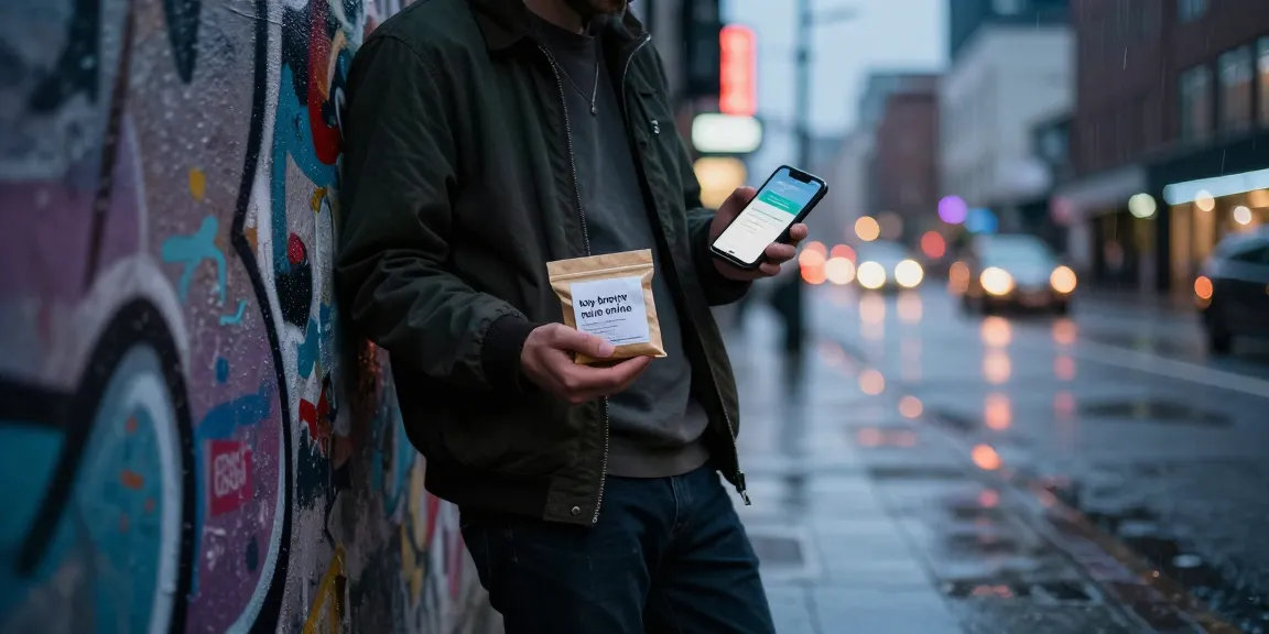 Buying brown heroin online in an urban street setting, capturing the atmosphere and context of the transaction.