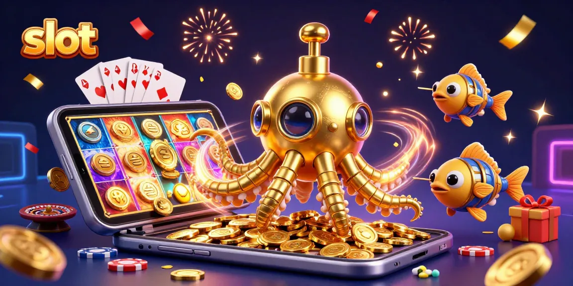 Experience thrilling slot action with golden kraken submarine and magical casino elements in vibrant 3D illustration.
