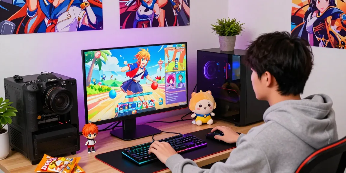 Player engaged in hentaigames at a colorful gaming setup with visual novels and anime-inspired decor.