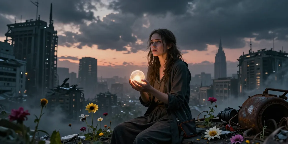 Emma Thorne in a dystopian world, showcasing the conflict of forbidden love and emotional awaken in a dark cityscape.
