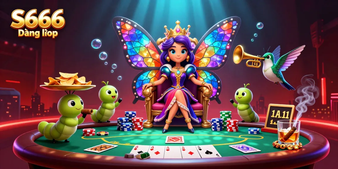 Experience S666 Đăng nhập with enchanting 3D casino visuals featuring cards, poker chips, and a charming butterfly queen.