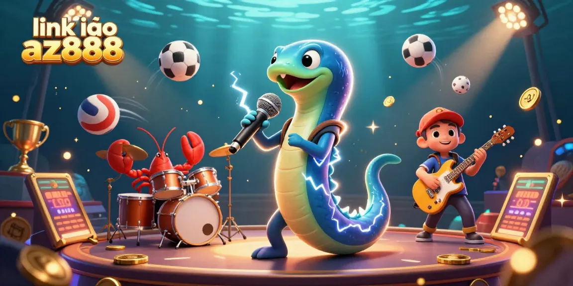 Experience excitement with link vào az888 as an electric eel DJ and his band perform underwater in a vibrant casino.