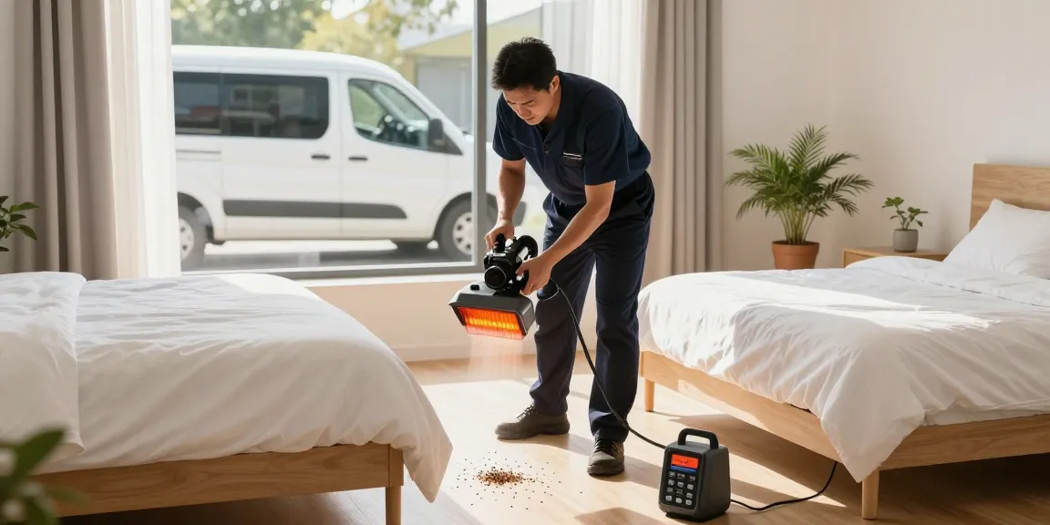 bed bug heat treatment process in a bright bedroom with a technician using professional equipment