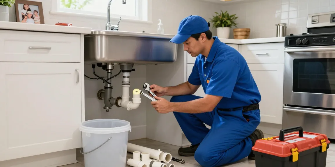 San Diego plumber repairing a burst pipe under a kitchen sink with professional tools in a well-lit modern kitchen.