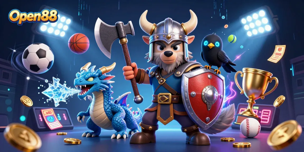 Engage in thrilling betting action with Open88 featuring a Viking wolf warrior, dragon, and dynamic sports elements.