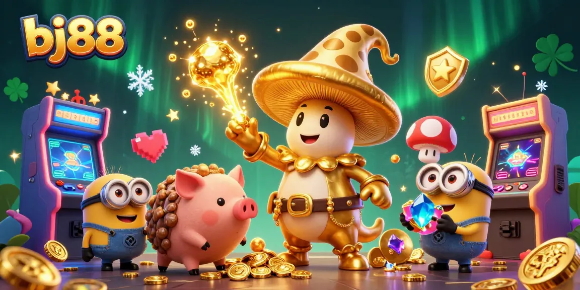 Experience bj88's magical casino adventure with golden wizard and treasure-filled scene.