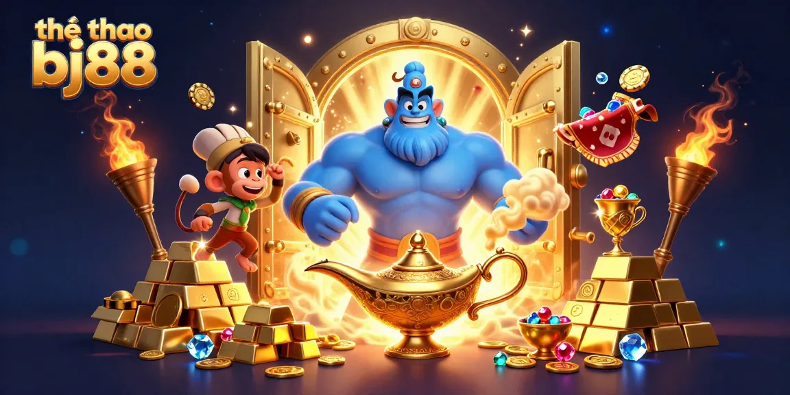 Engage in thể thao bj88 with a vibrant scene of a genie, monkey, and magic elements.
