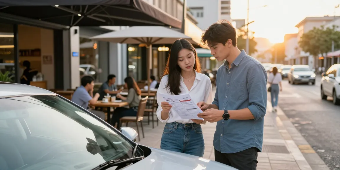Couple reviewing a car history check UK in urban setting before purchasing a vehicle.