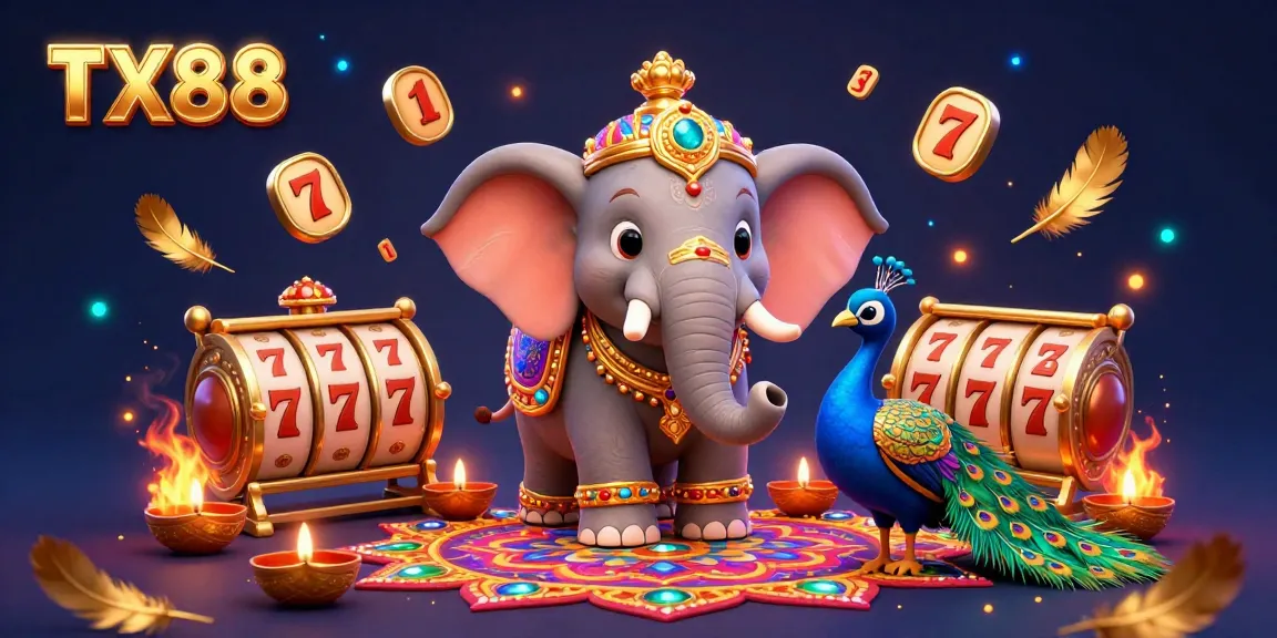 Experience the vibrant TX88 casino atmosphere with a lively illustration of an elephant and peacock surrounded by colorful gambling elements.