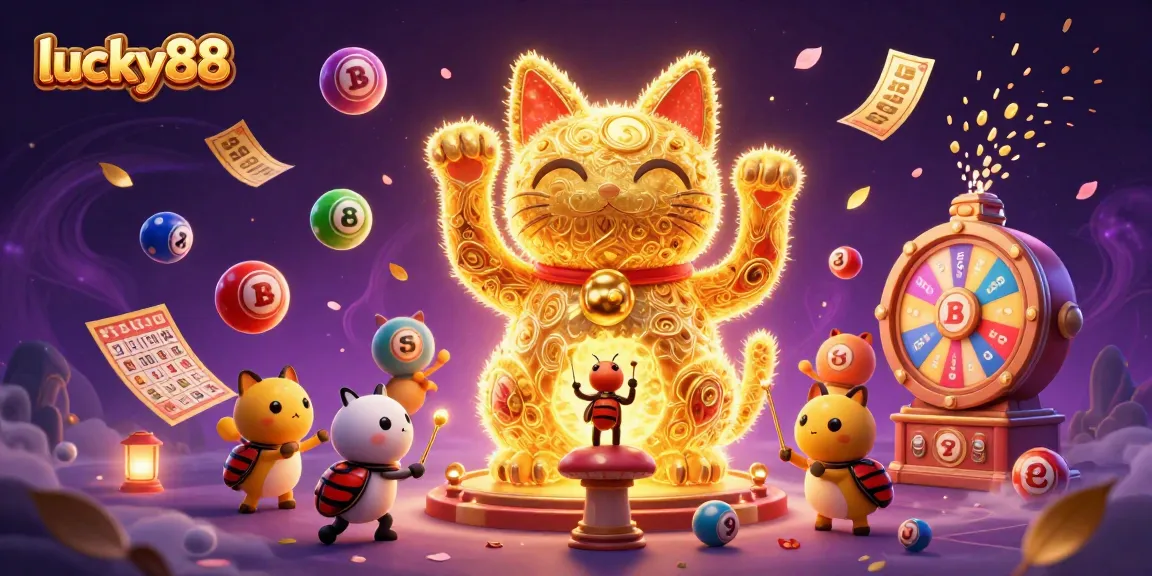 Experience lucky88 with a dynamic illustration of a waving lucky cat, vibrant symbols, and lottery elements.