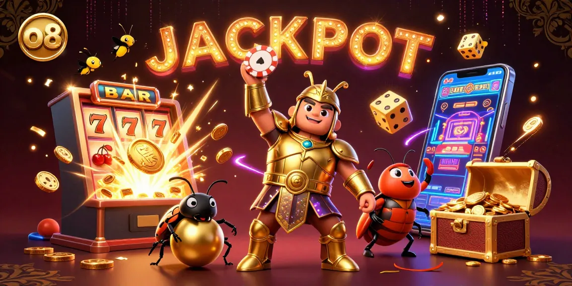 Win big at o8 with a heroic beetle lifting a poker chip, amidst a jackpot explosion of casino elements.