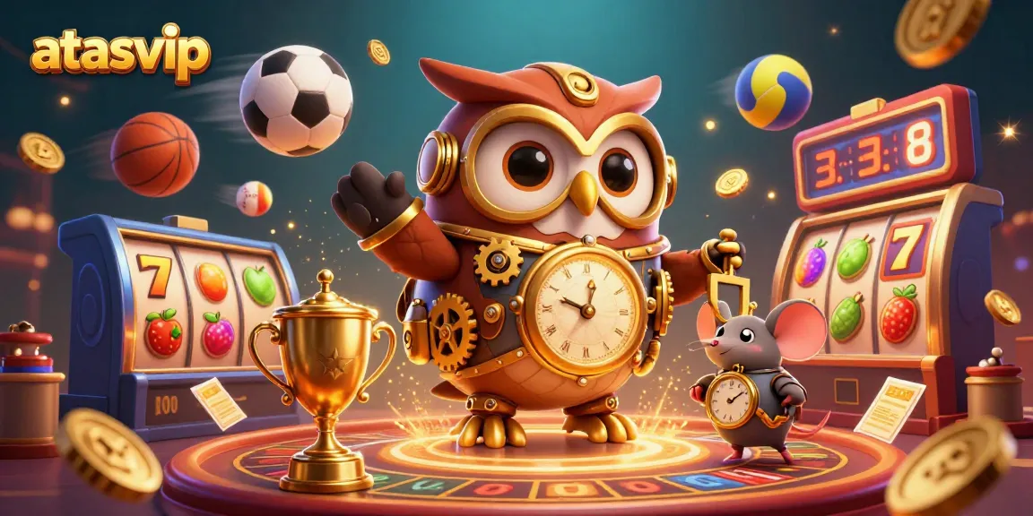 Experience thrilling gameplay at atasvip with the vibrant casino scene featuring a time-traveler owl.