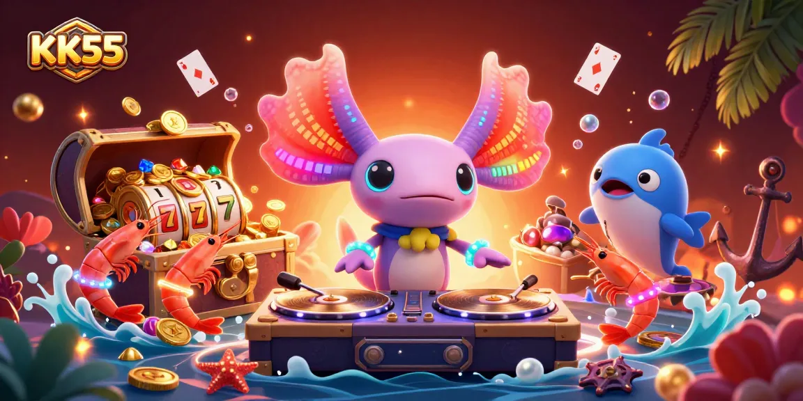 Experience the fun at KK55 with a neon-colored axolotl DJ surrounded by exciting casino elements.