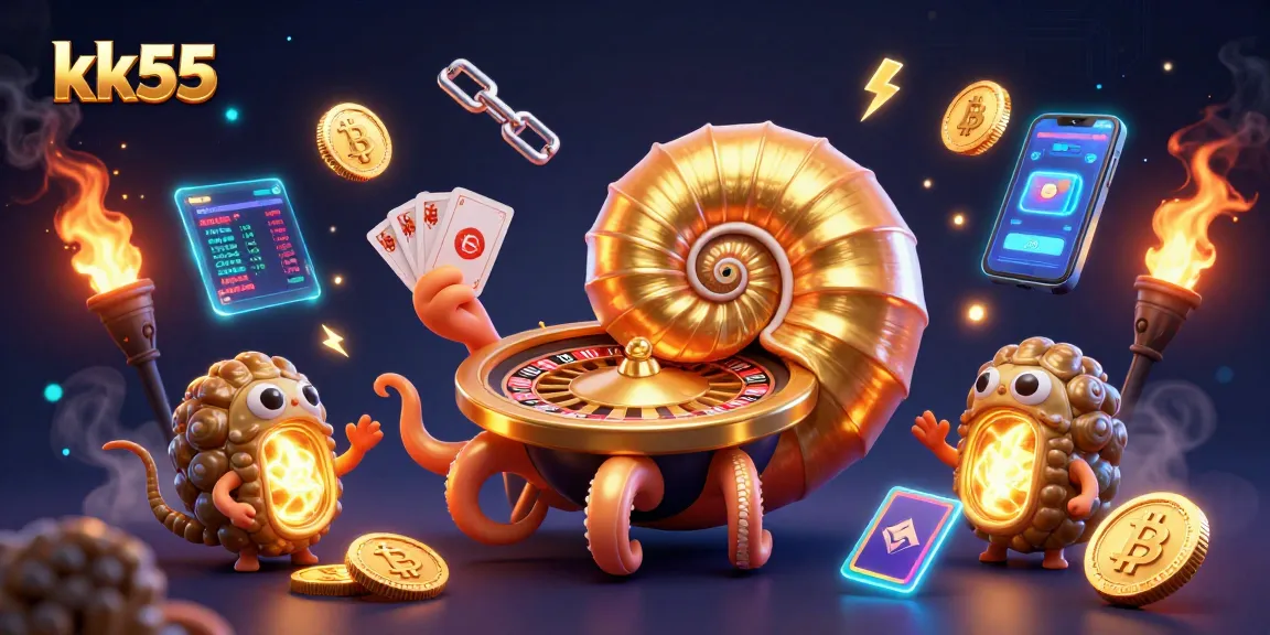 Engage with kk55's casino experience, featuring a dynamic 3D nautilus and vibrant crypto elements.