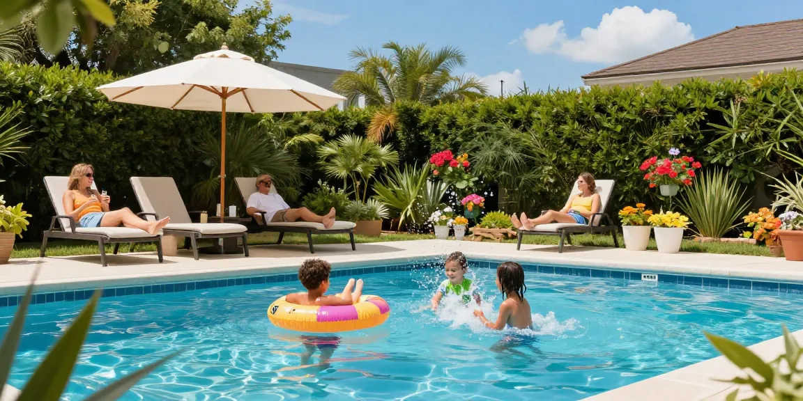 Dolphin Pool Services showcasing a family enjoying their pool with children splashing and parents relaxing