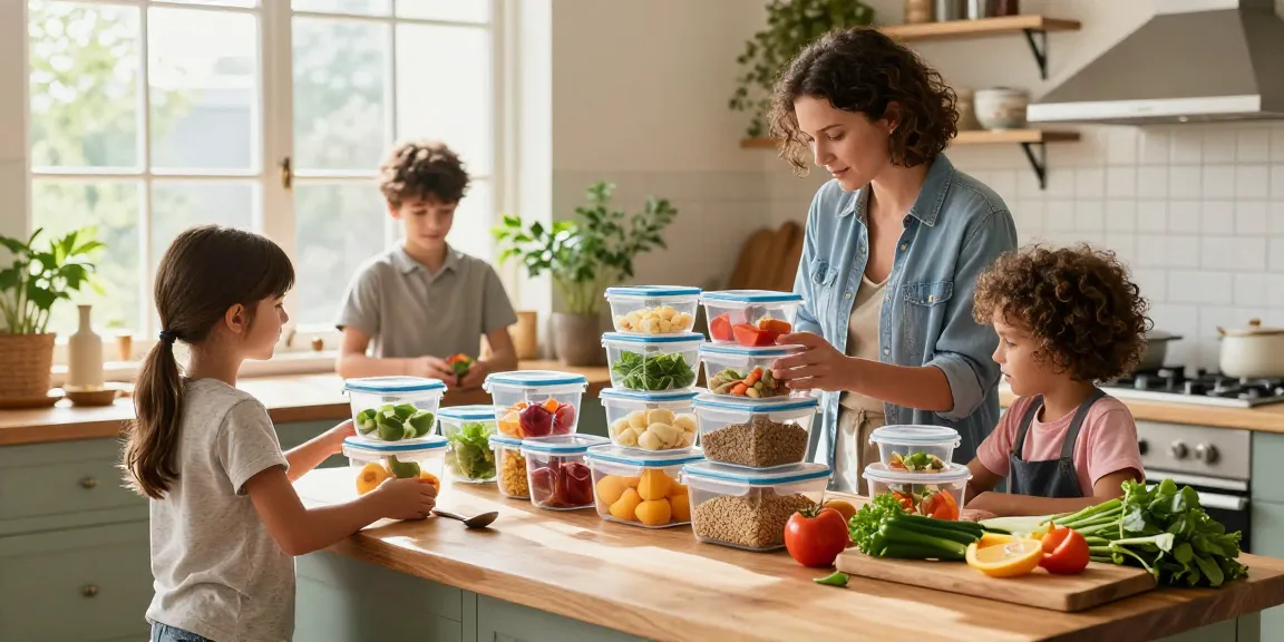 A family organizing airtight food storage containers in a bright kitchen, promoting healthy eating and food preservation.