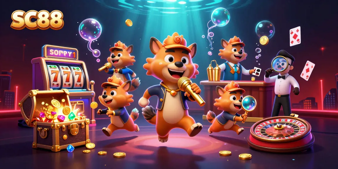Join the fun at SC88 with lively hyenas making jokes in a vibrant casino scene.
