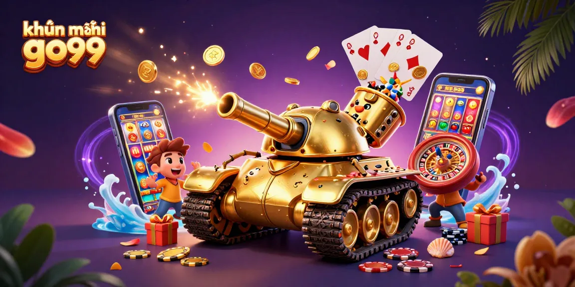Experience khuyến mãi go99 as golden coins erupt from a smartphone in a vibrant 3D casino scene.