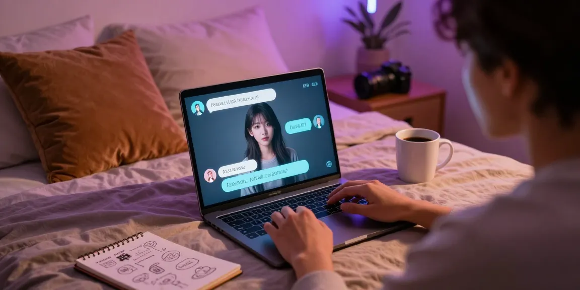 Engaging in nsfw ai chat on a laptop in a cozy, neon-lit bedroom.