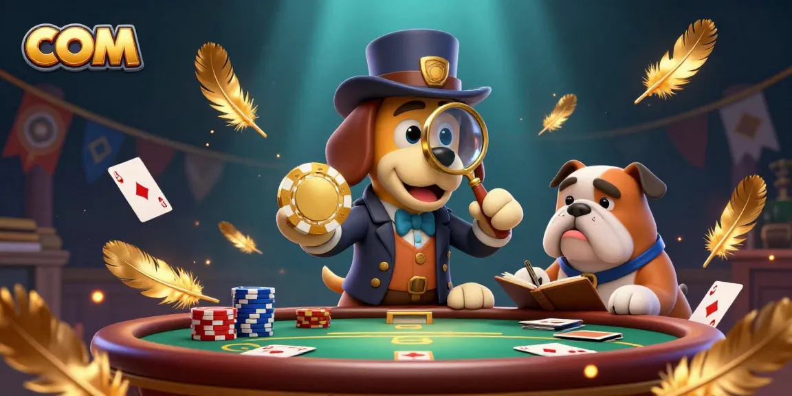 Spread winning strategies at com with a 3D cartoon poker detective examining a golden chip.