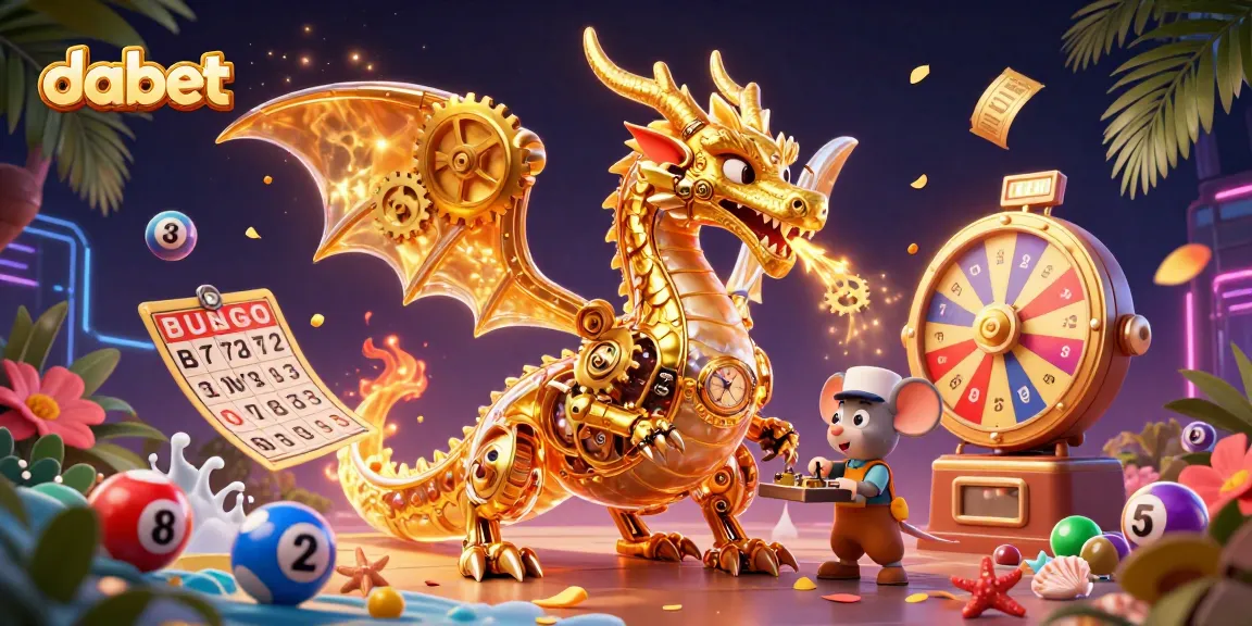 dabet showcases a vibrant 3D illustration of a golden dragon and a mouse engineer surrounded by lottery elements.