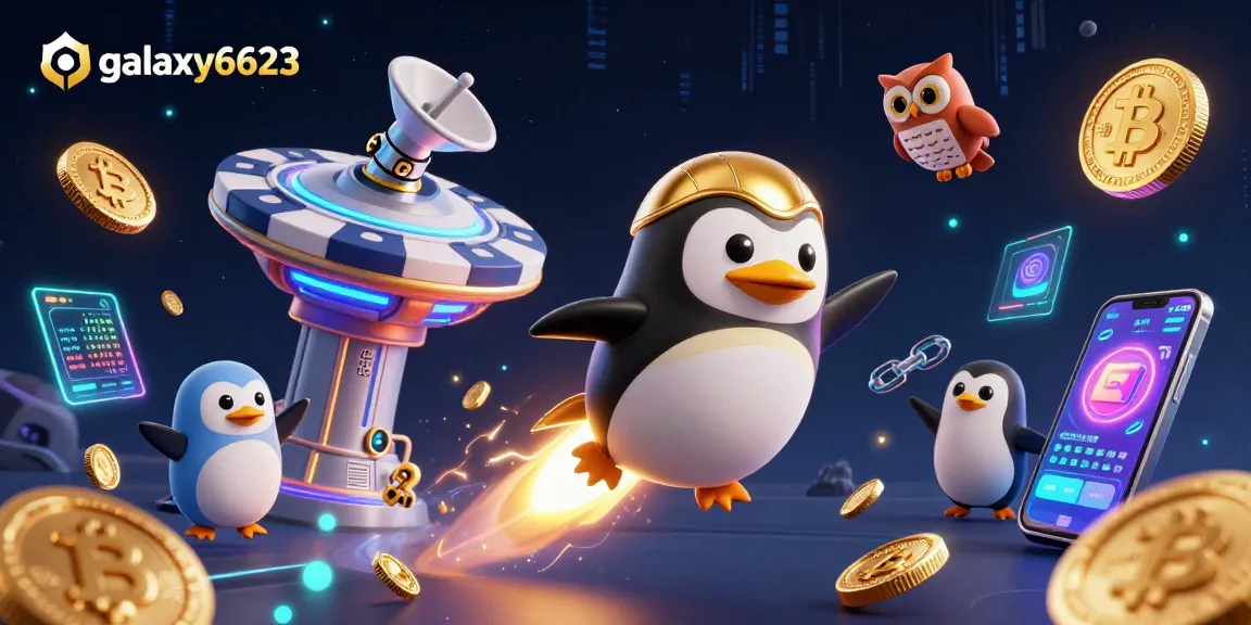 Win big with galaxy6623 as a golden penguin blasts through space towards a dazzling casino.