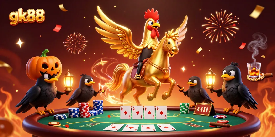 Experience thrilling poker action with gk88 as a golden rooster and crow companions in a lively casino setting.
