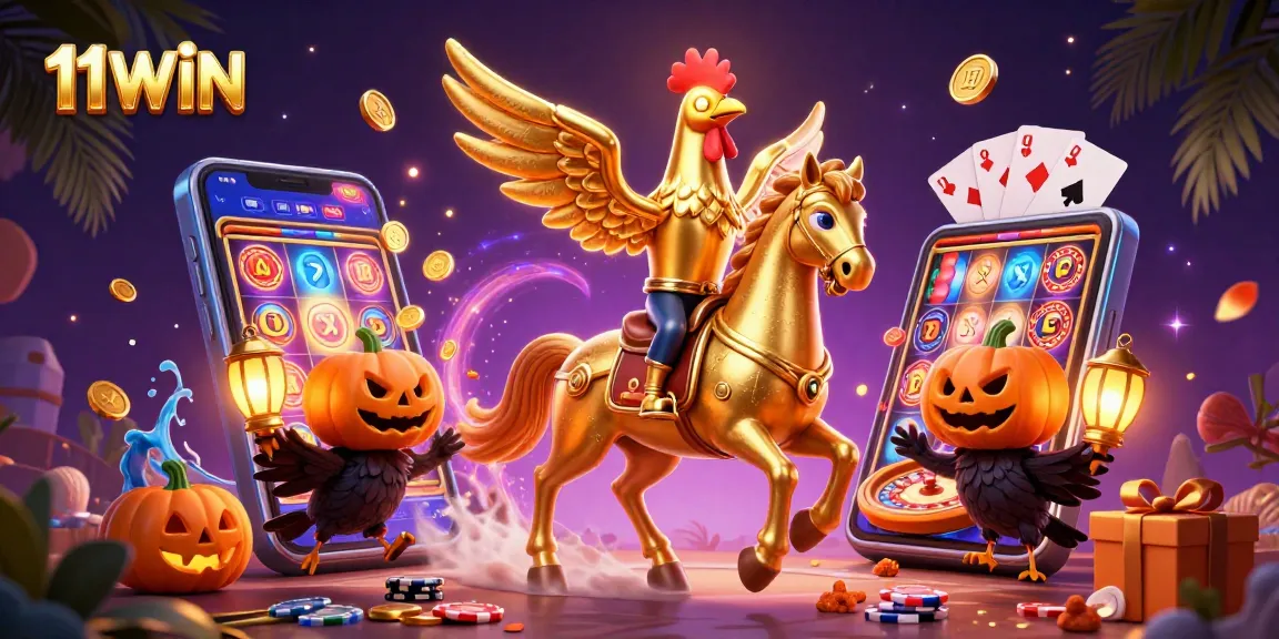Engage with thrilling casino excitement as 11WIN's golden rooster rides through a vibrant midnight scene.