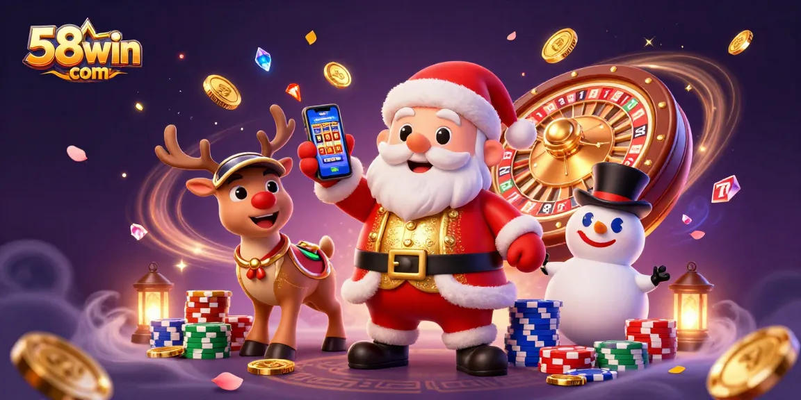 Experience thrilling jackpots at 58win com with a playful casino scene featuring Santa and friends.