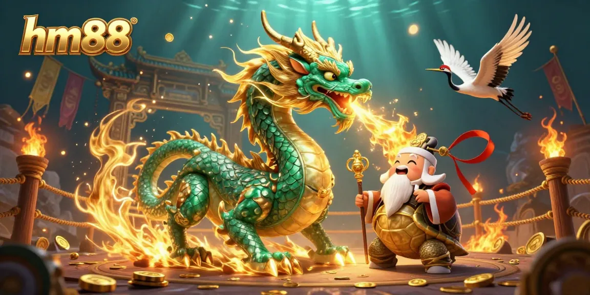 Experience the thrill of hm88 gaming with vibrant characters breathing golden fire and swirling flames.