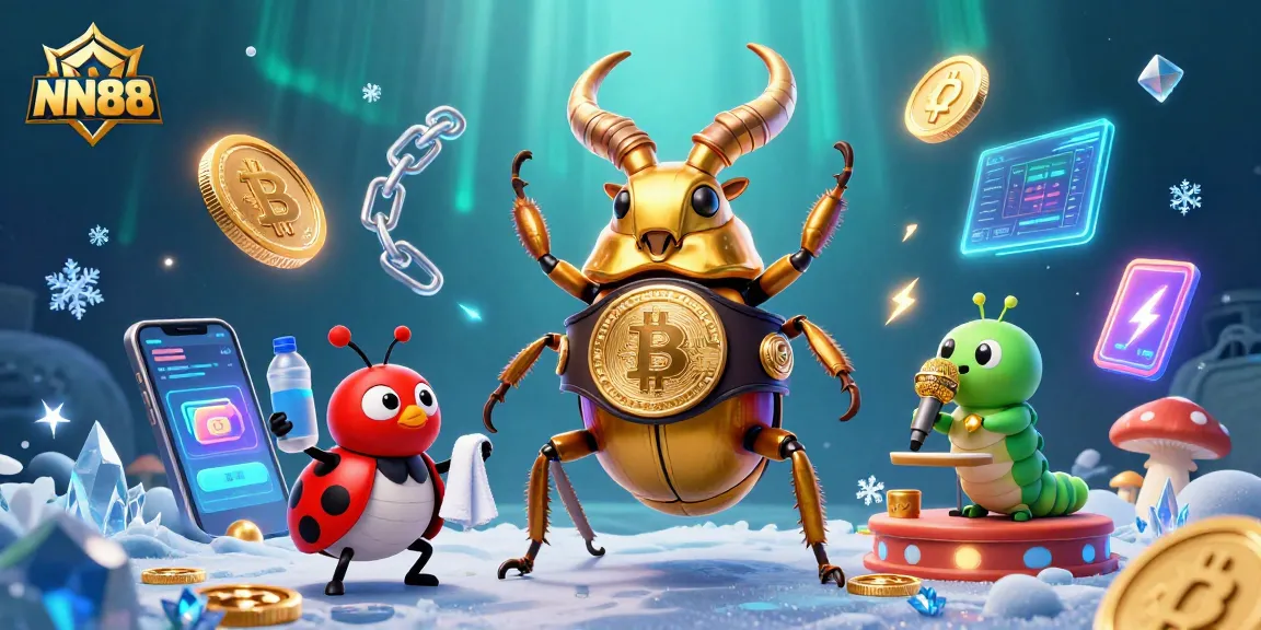 Experience thrilling wins at NN88 with a vibrant illustration of casino characters and crypto coins.