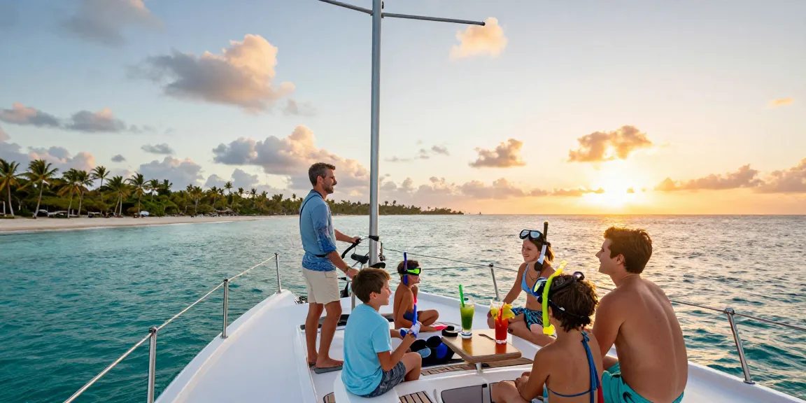 Lively family enjoying yacht rental Punta Cana adventure with Saona Island backdrop and colorful drinks.