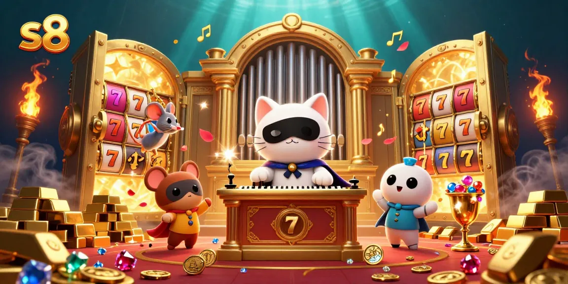 S8 players enjoy a thrilling casino atmosphere with slot reels and treasures glowing.