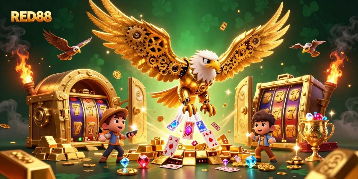 Engage in thrilling gameplay at RED88, featuring a dynamic scene with a cybernetic eagle amidst slot symbols.